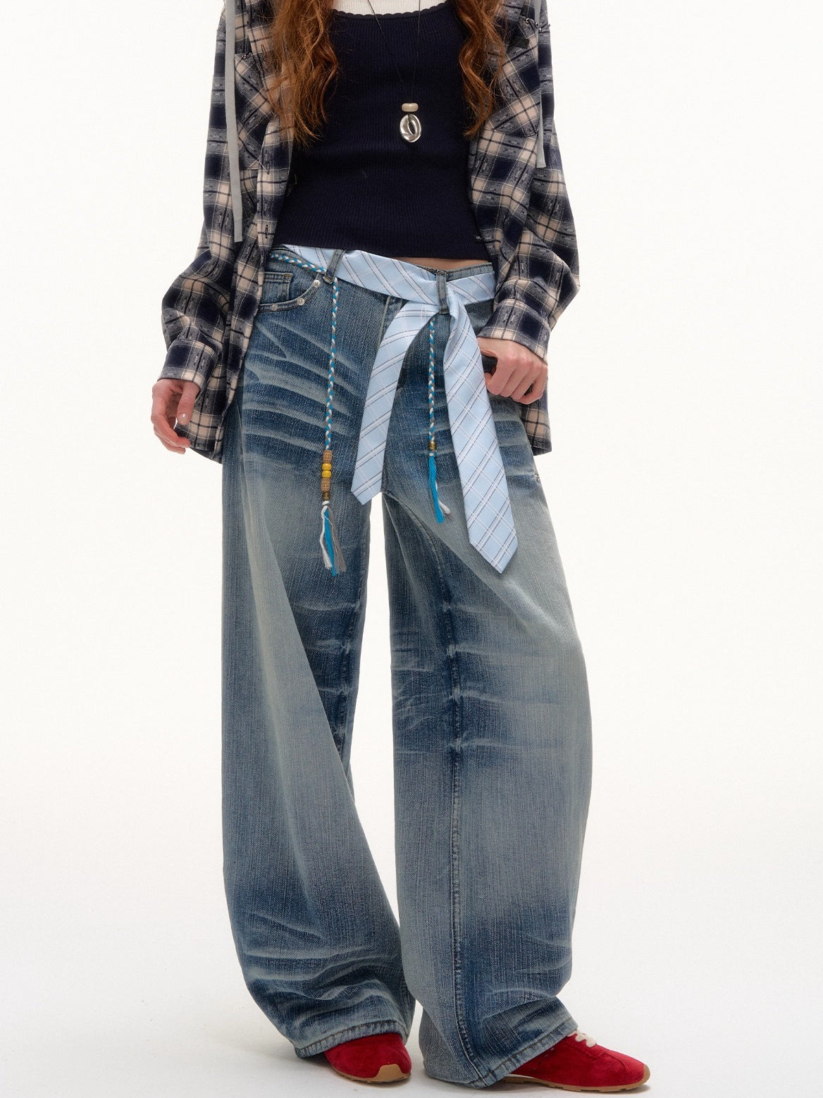 Beaded Tie-Waist Washed Denim Pants - CHINASQUAD