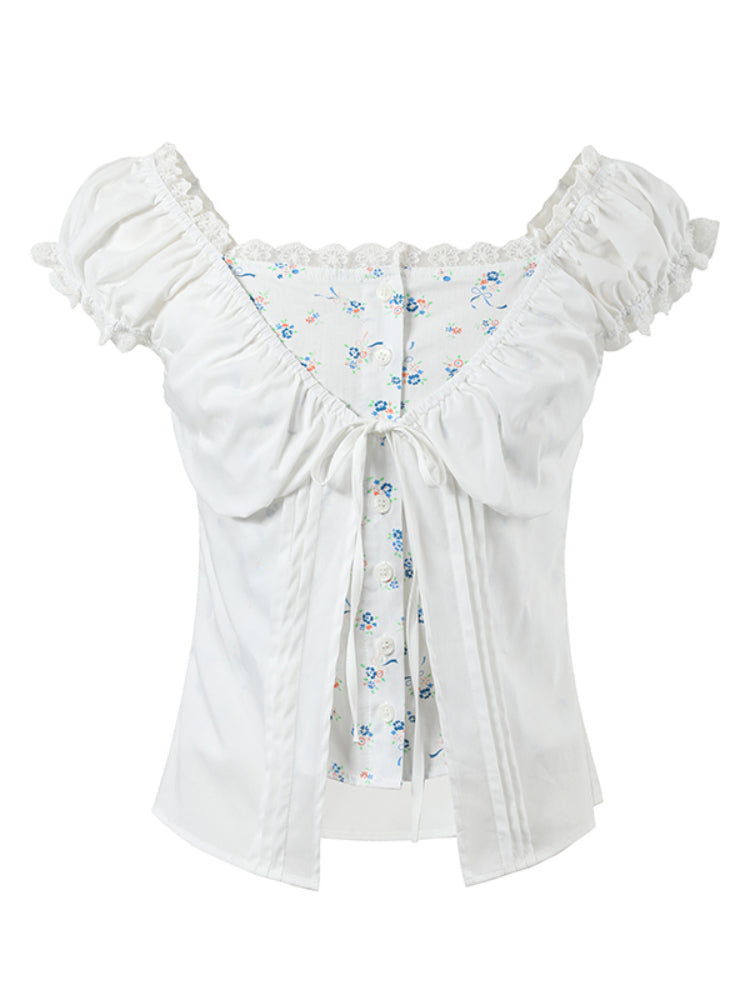 Fake Two-Piece Floral Lace Shirt Top - CHINASQUAD