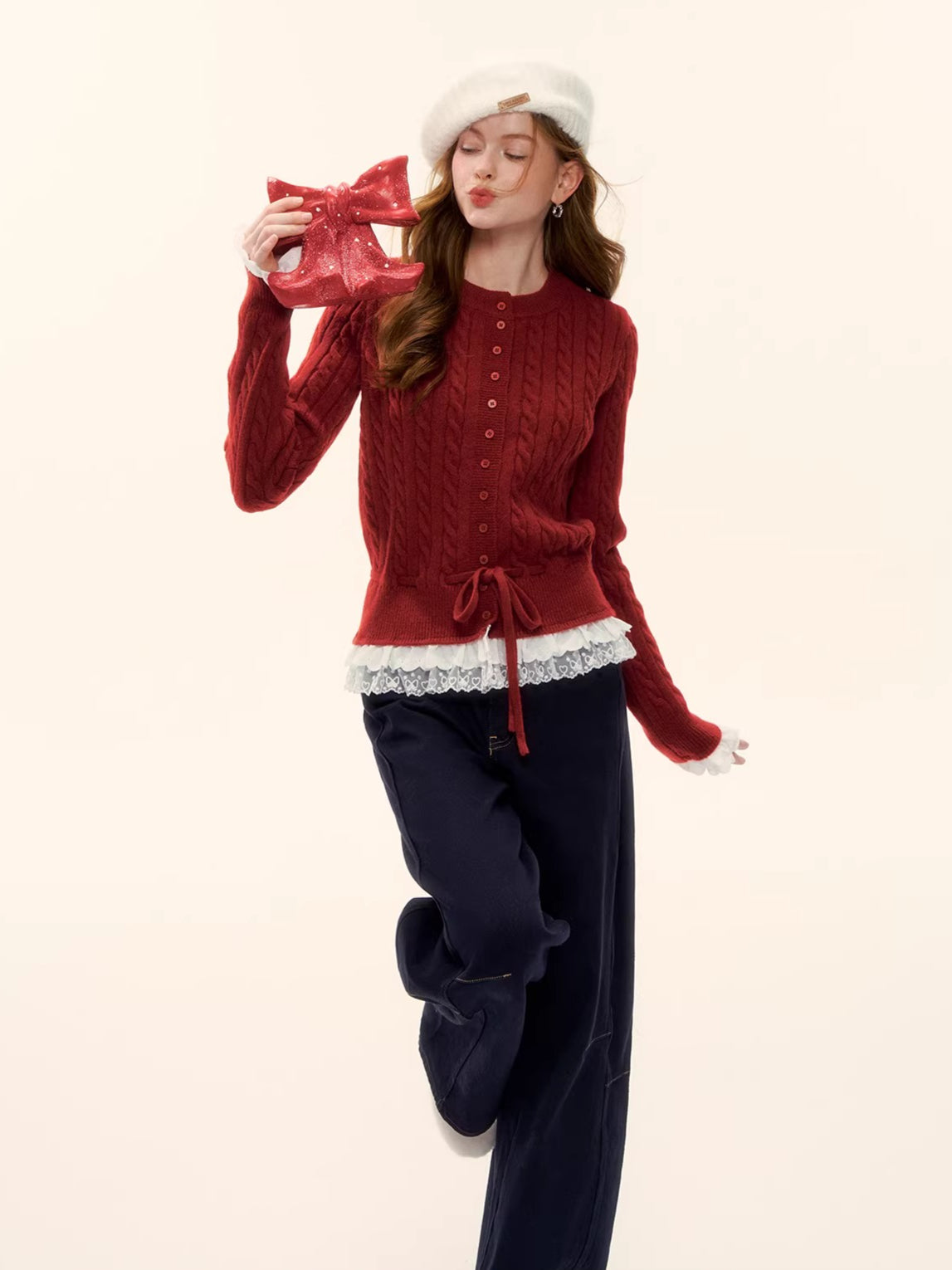 Cable Knit Lace-Hem Drawstring Sweater