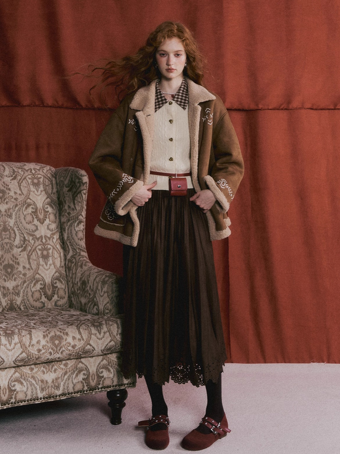 Suede Pleated Midi Skirt