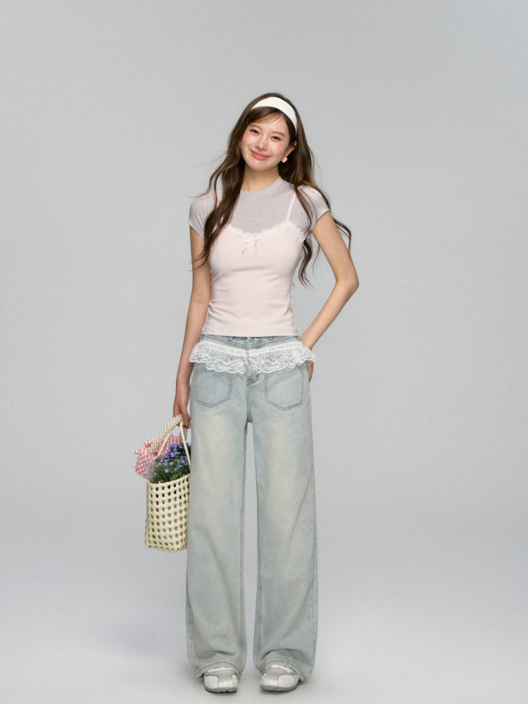 Fake Two Piece Lace Bow Short-Sleeve T-shirt - CHINASQUAD