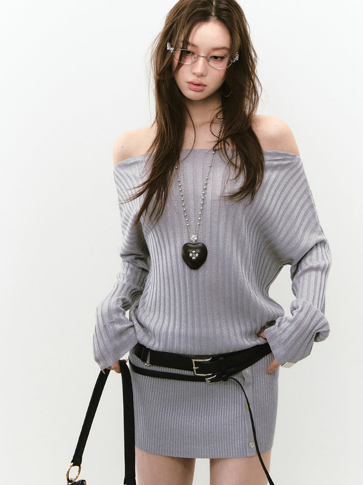 Off-Shoulder Slant Shoulder Button Dress - CHINASQUAD