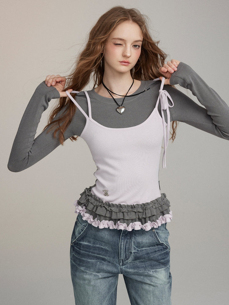 Fake Two-Piece Lace Trimmed Blouse - CHINASQUAD