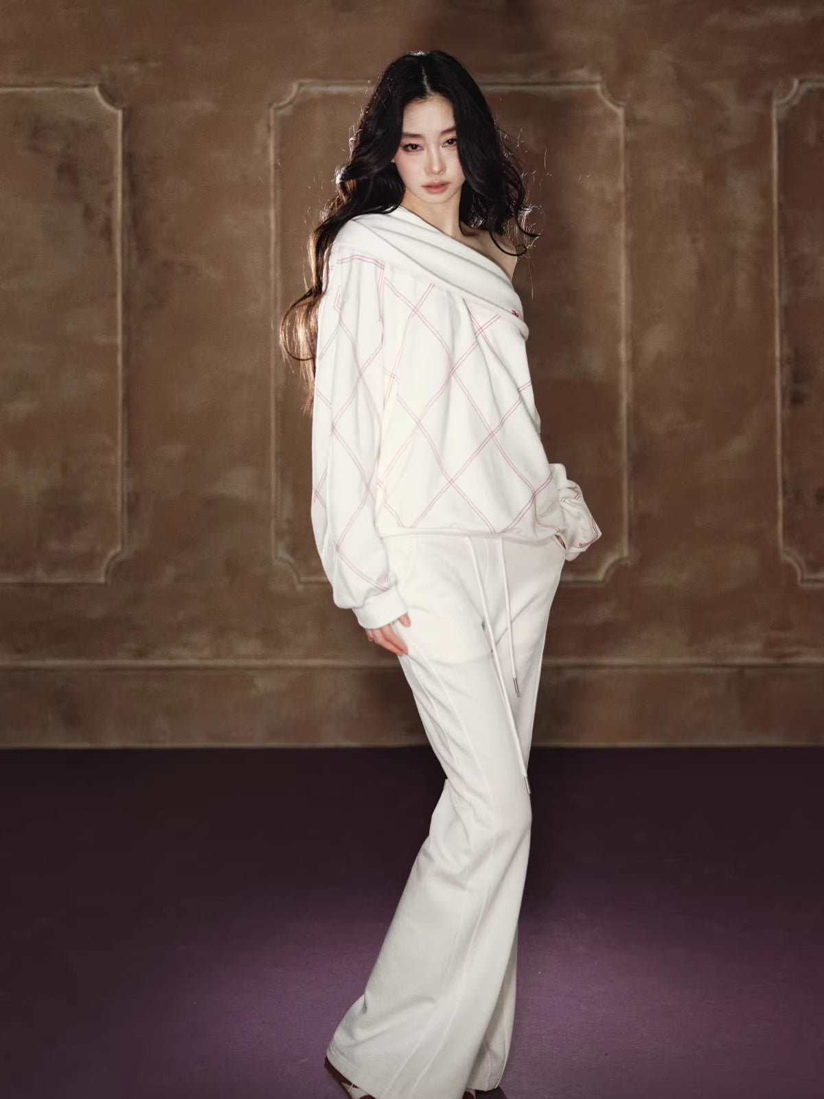 Off-Shoulder Sweatshirt & Flared Wide-Leg Sweatpants Set