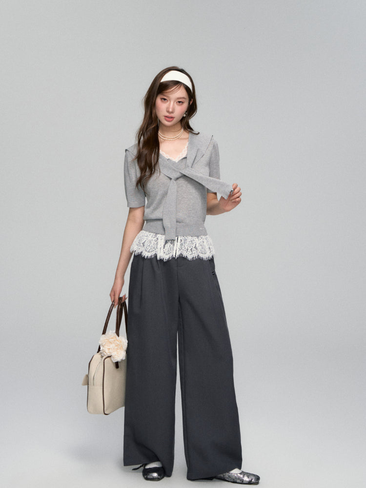 Lace Spliced V-Neck Knitted T-Shirt - CHINASQUAD
