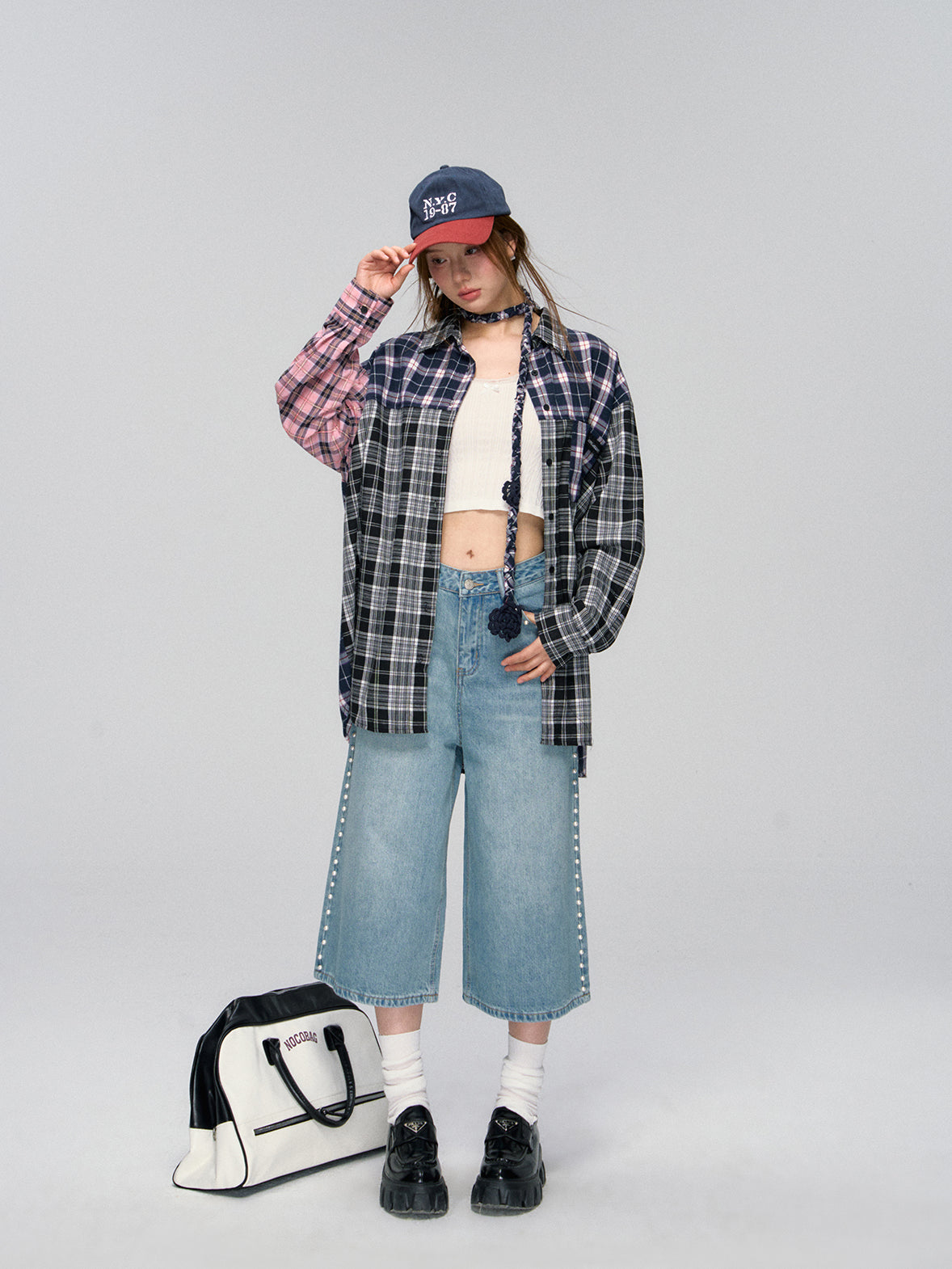 Black Patchwork Plaid Shirt - CHINASQUAD