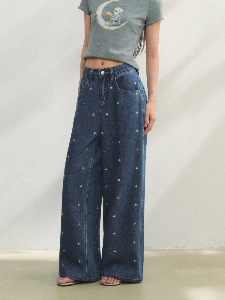 Colorful Floral Embroidered Straight-Leg Jeans - CHINASQUAD