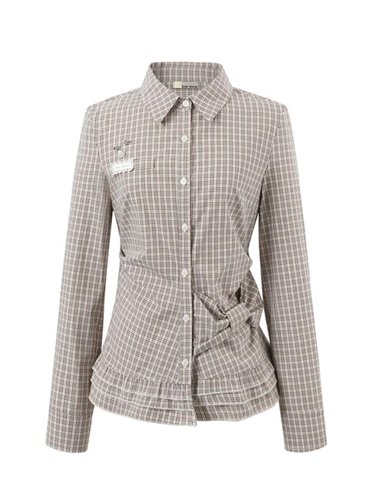 Retro Checkered Bow-Trimmed Shirt