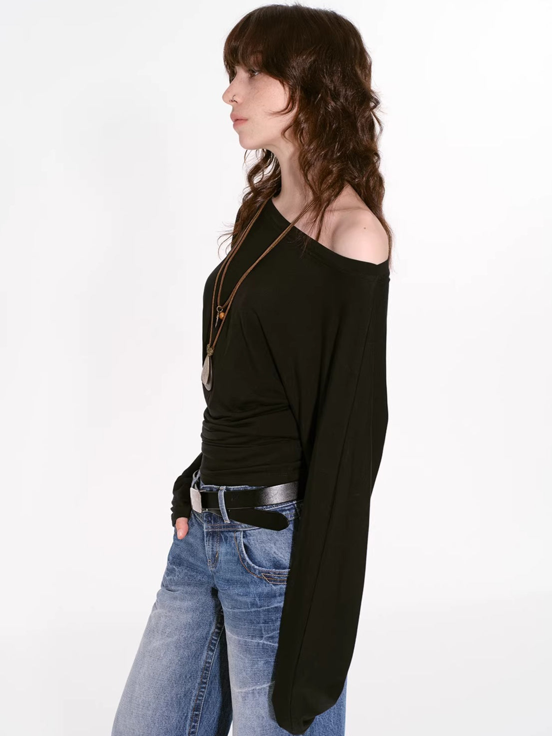 Draped Lyocell Off-Shoulder Long Sleeve T-Shirt