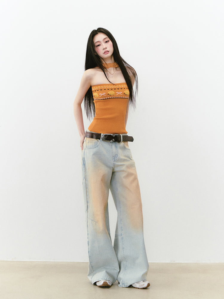 Washed and Distressed Color Block Denim Pants - CHINASQUAD