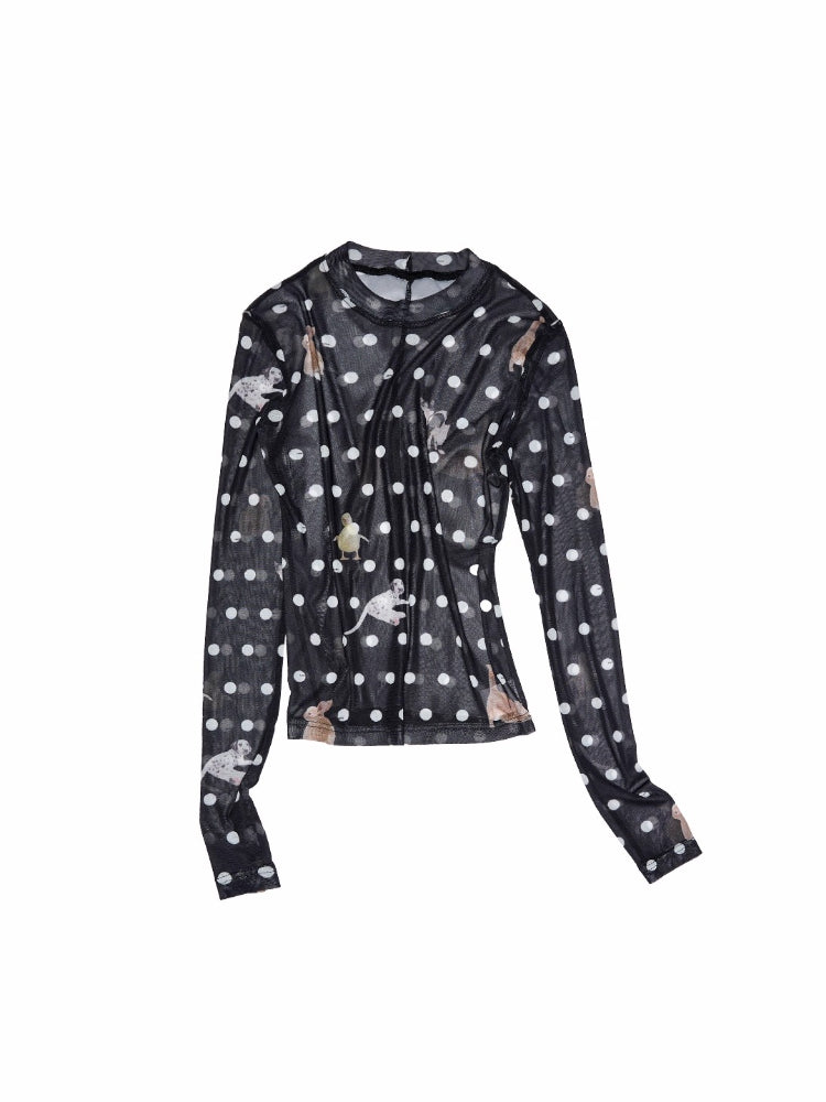 Polka Dot Pet Print Mock Neck T-Shirt
