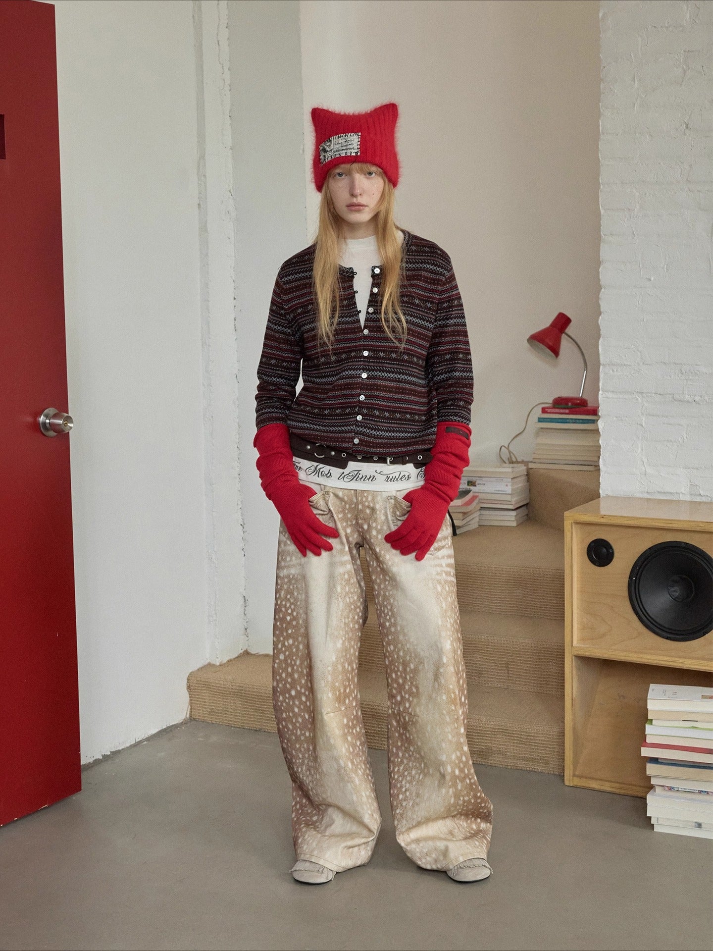 Vintage Deer Print Curved-Leg Canvas Pants