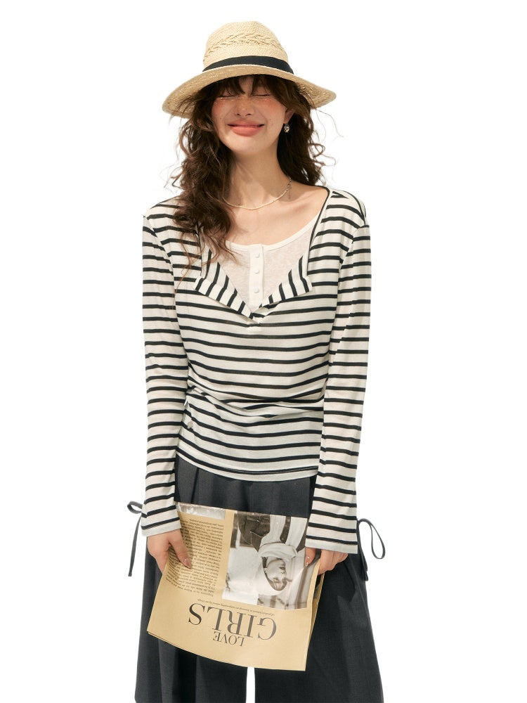 Fake Two-Piece Striped V-Neck Blouse - CHINASQUAD