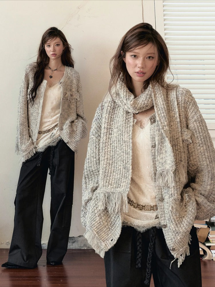 Frayed Edges Wool Mid-Length Knit Cardigan - CHINASQUAD