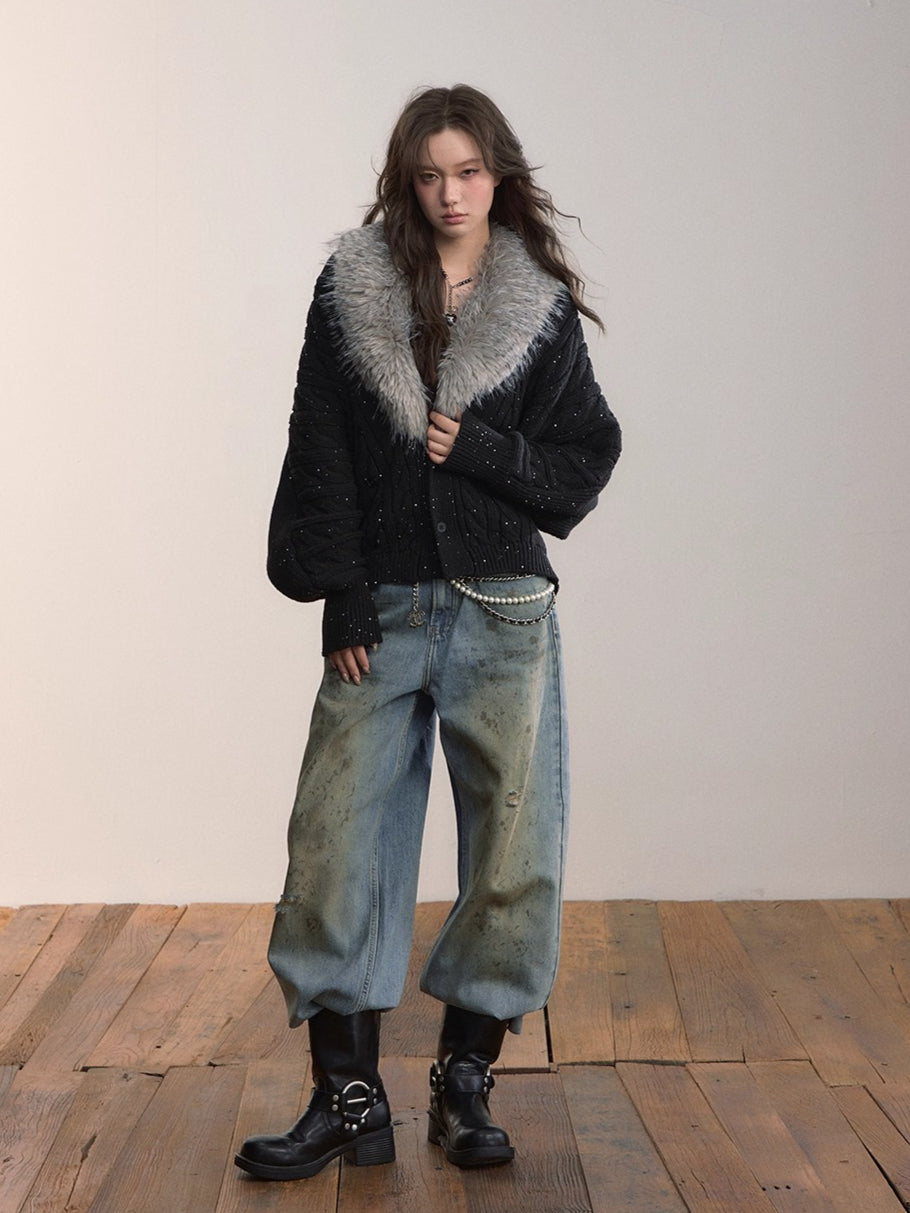 Detachable Faux Fur Collar Knit Cardigan - CHINASQUAD