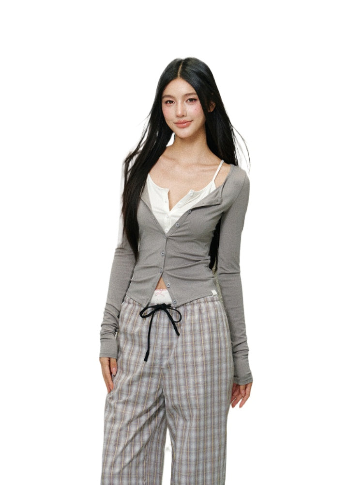 Fake Two-piece Color Block V-neck T-shirt - CHINASQUAD