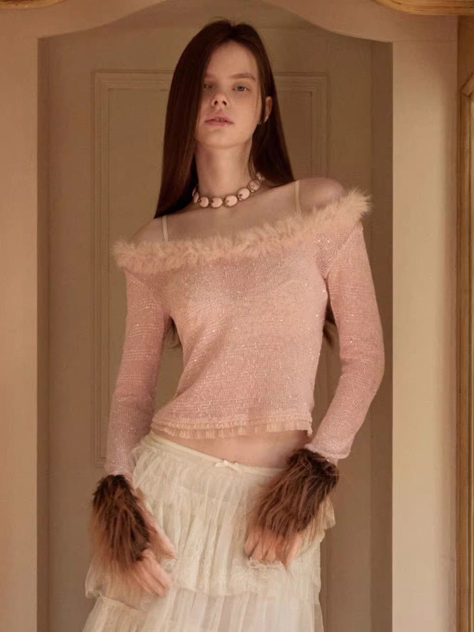 Off-Shoulder Sequin Knit Crewneck