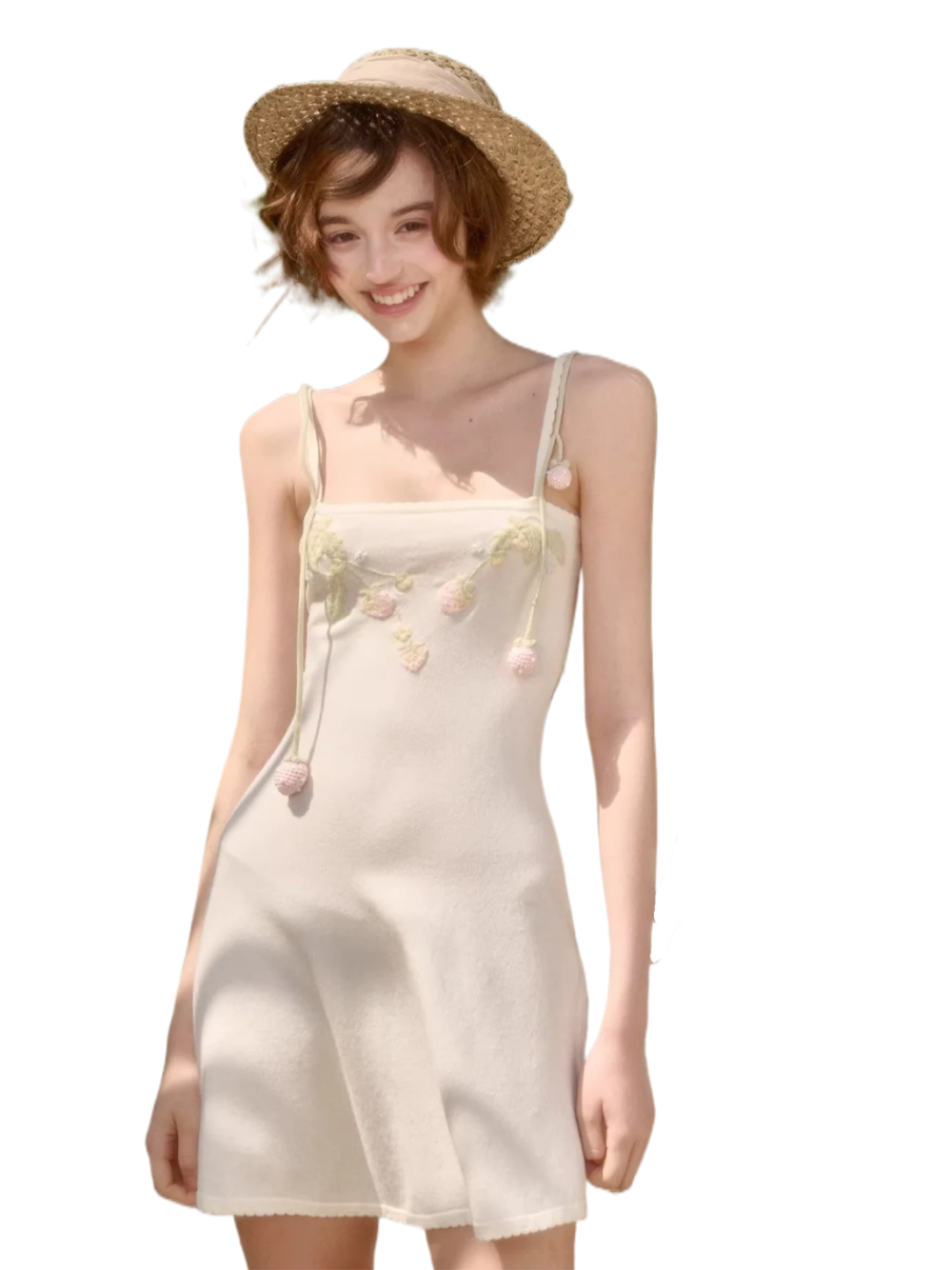 White Strawberry Embroidered Soft Knit Three-Piece Set