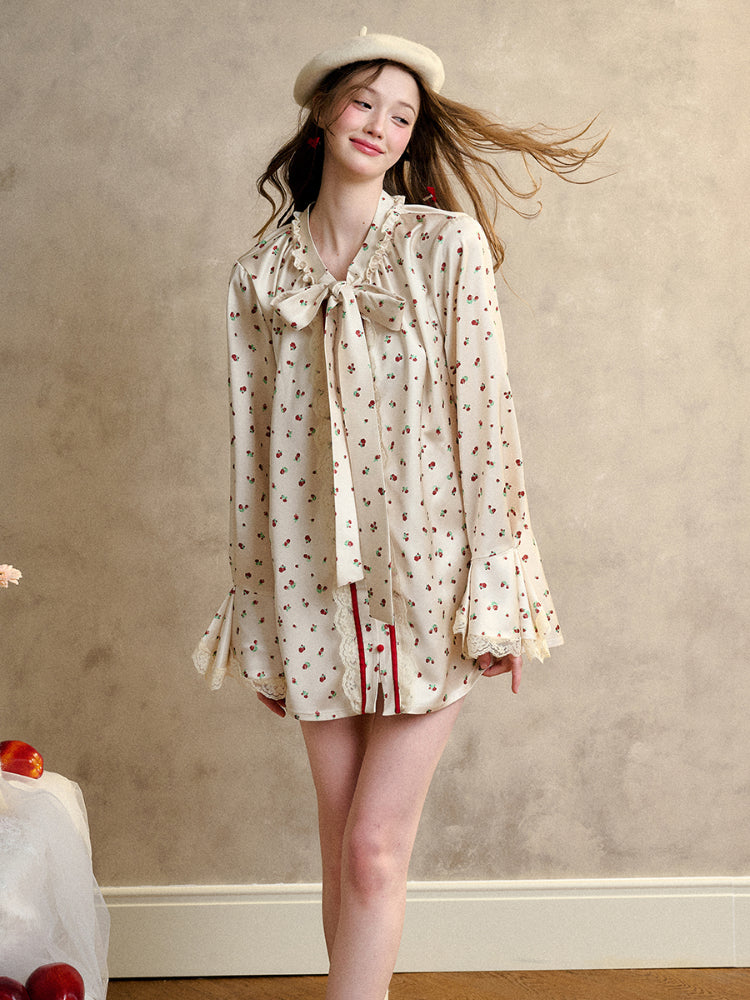 Berry Lace Print Shirt Dress - CHINASQUAD