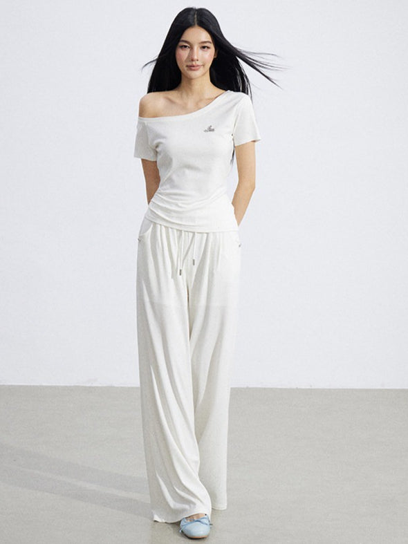 Off-Shoulder Draped Top Wide-Leg Pants Two-Piece Set