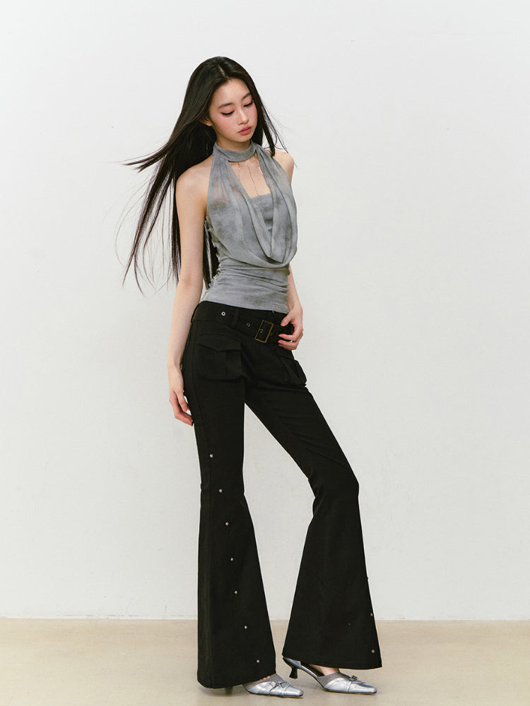 Chain Swing-neck Halter Neckline-gathered Waist Tank Top - CHINASQUAD