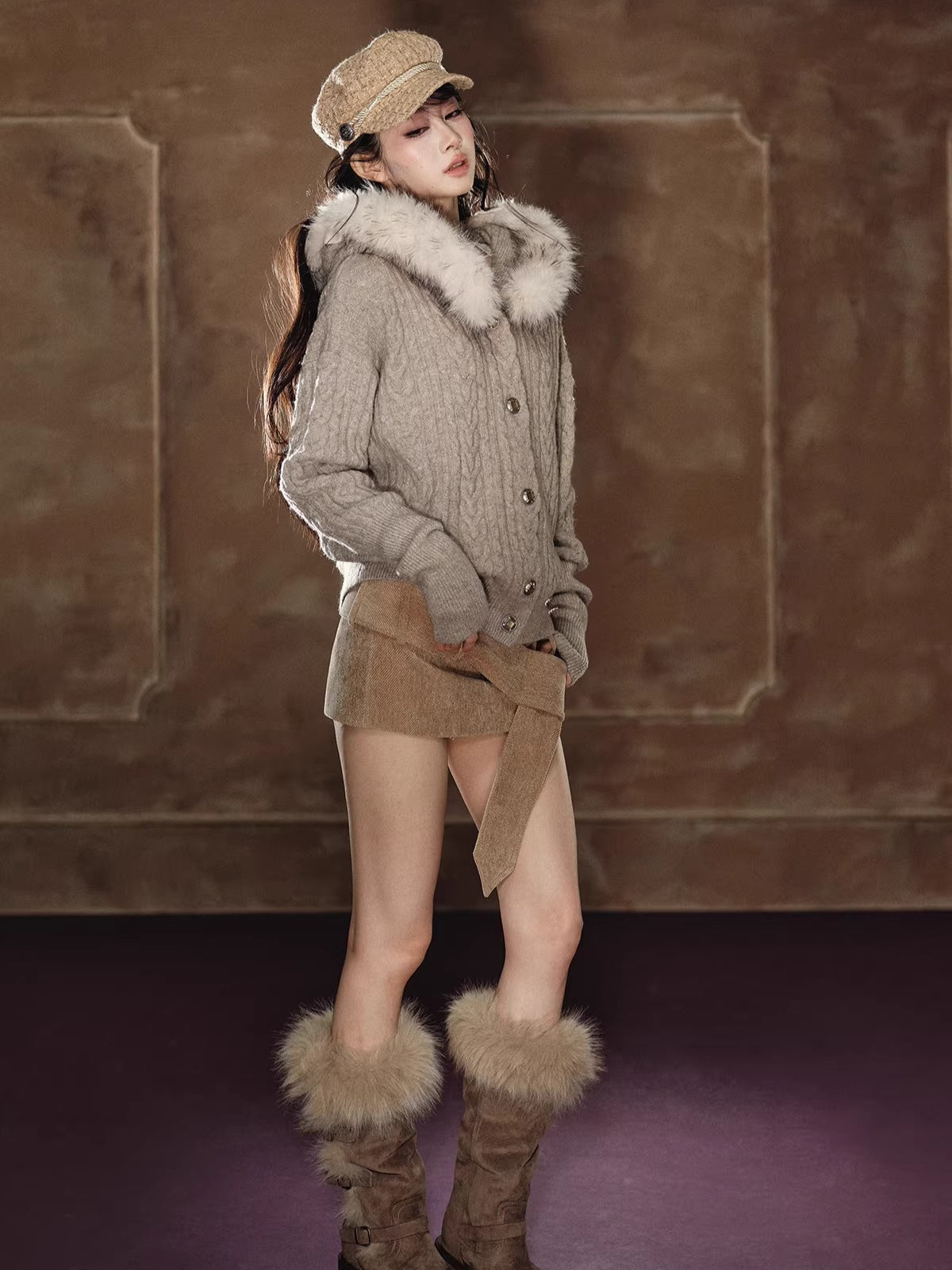 Corduroy Low-Rise Wide Belt Mini Skirt