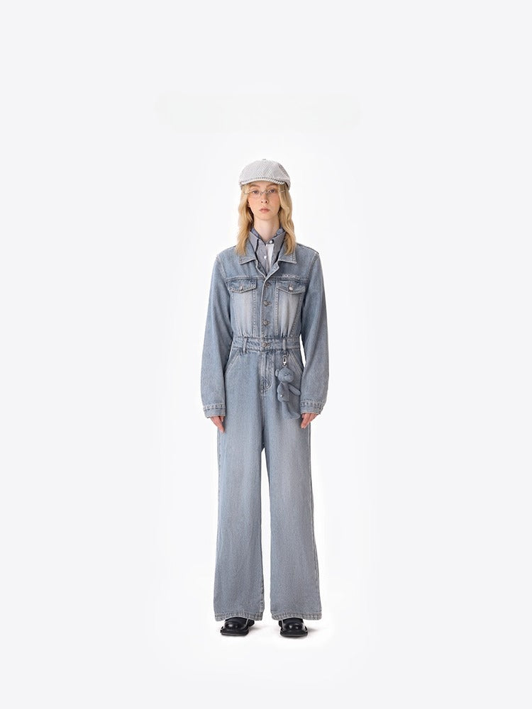 Denim Jumpsuit Straight-Leg Street Style