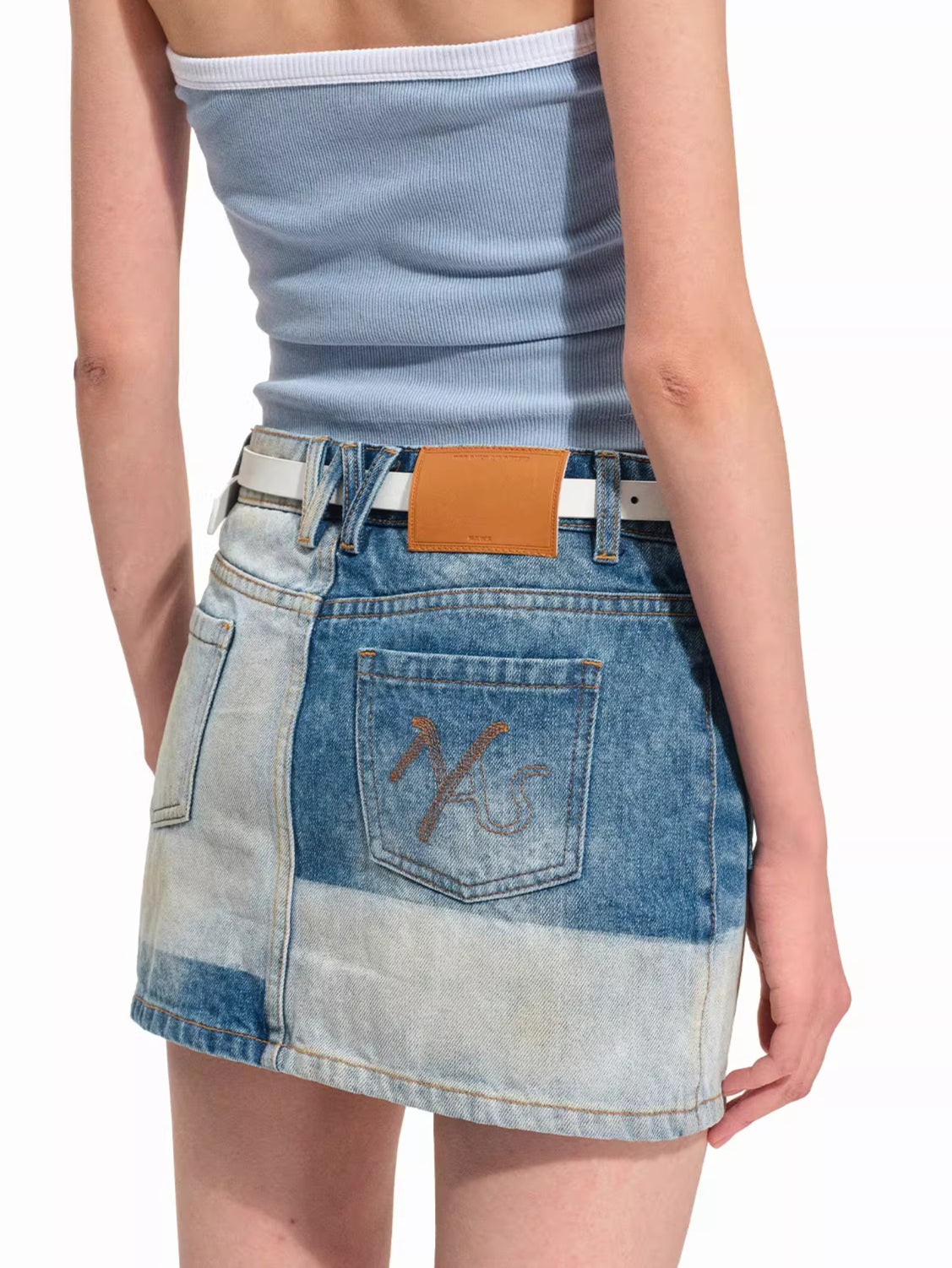Contrast Panel Washed Denim Mini Skirt