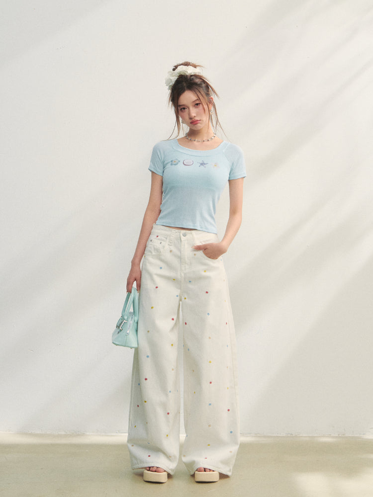 Crew Neck Printed Backless Embroidered T-Shirt - CHINASQUAD