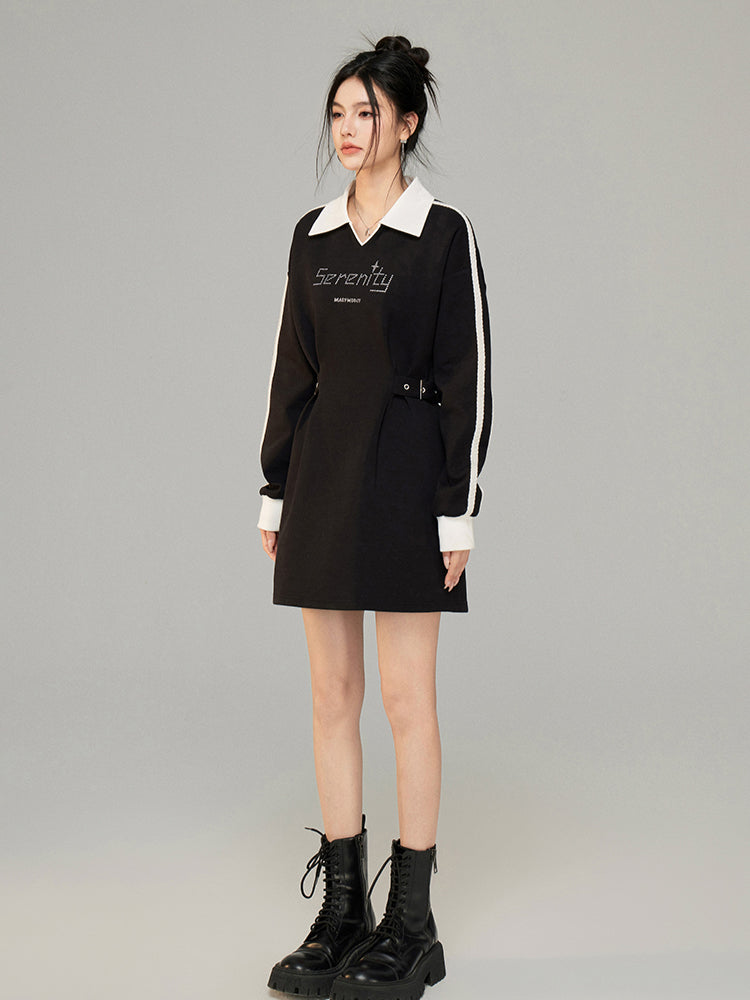 Color-Blocked Waist Cinching Polo V-neck Sweatshirt Dress - CHINASQUAD