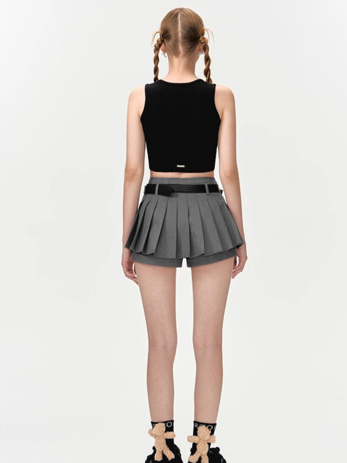 High-Waist Pleated Belted Skirt