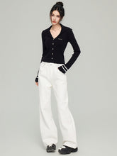 Navy Collar Ribbed Knit Cardigan  - CHINASQUAD