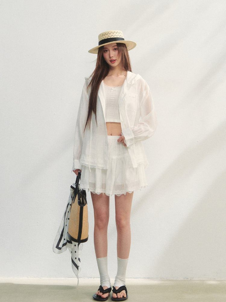 White Lace Panel Hooded Coat & Skirt Set - CHINASQUAD