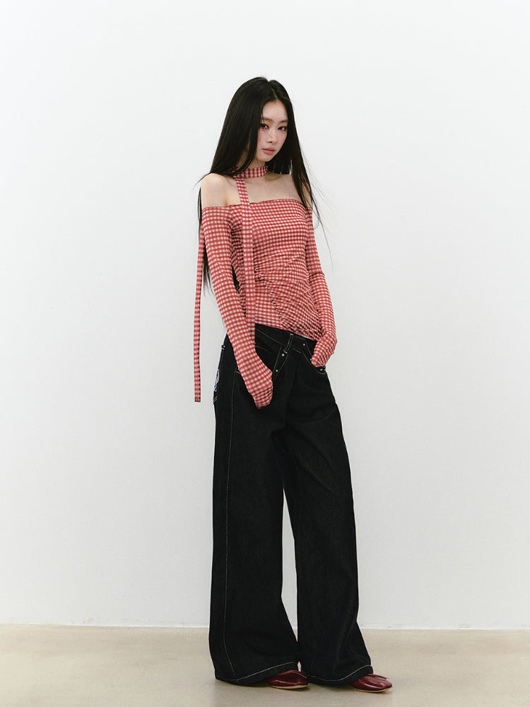 Plaid Mesh Ribbon Sunshade Long Sleeve T-shirt - CHINASQUAD