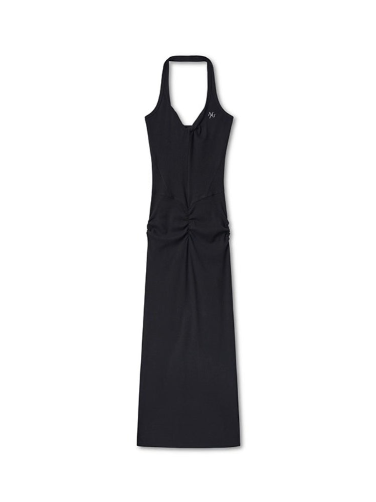 Halter V-Waist Pleated U-Neck Dress - CHINASQUAD