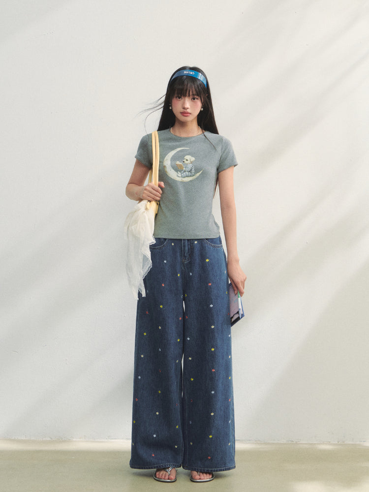 Colorful Floral Embroidered Straight-Leg Jeans - CHINASQUAD
