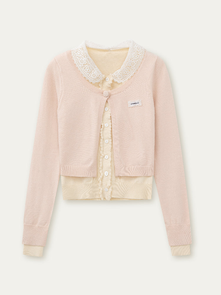 Lace Collar Fake Two-piece Cardigan - CHINASQUAD