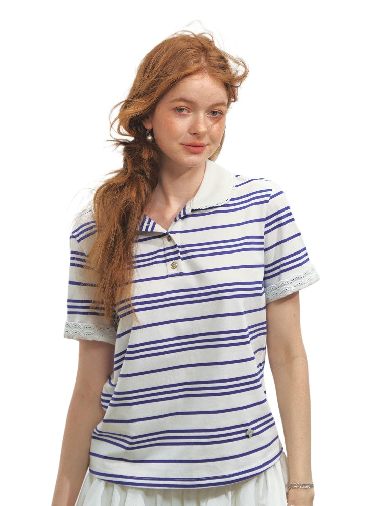 Striped Lace Short-Sleeve Polo Neck T-Shirt - CHINASQUAD