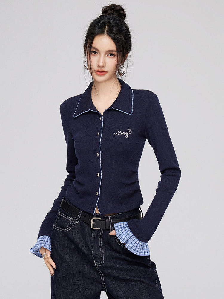 Plaid Splicing Knit Blouse - CHINASQUAD