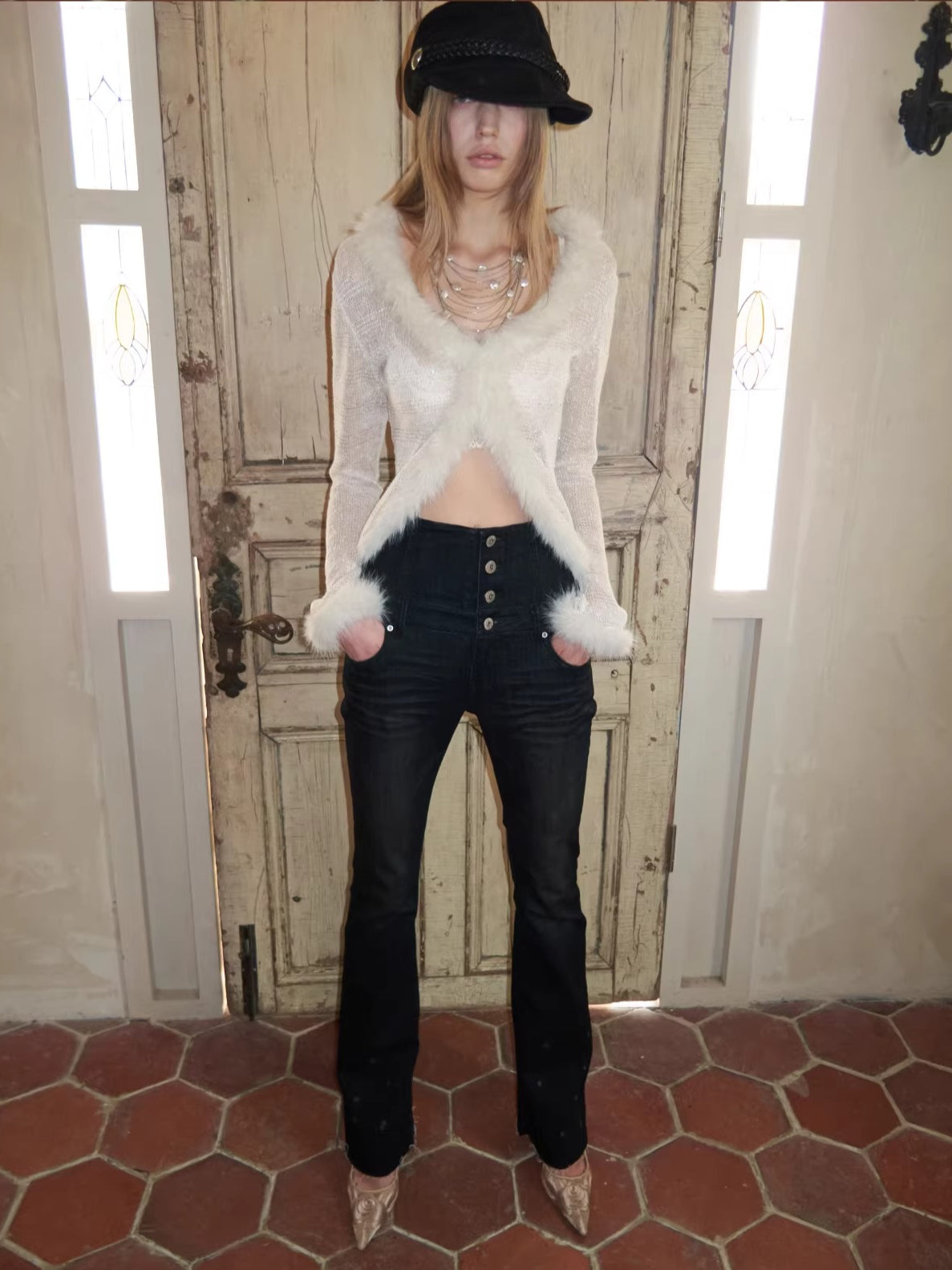 Sequin Knit Patchwork V-Neck Cardigan