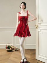 Classic Red Velvet Handcrafted Floral Velvet Dress - CHINASQUAD