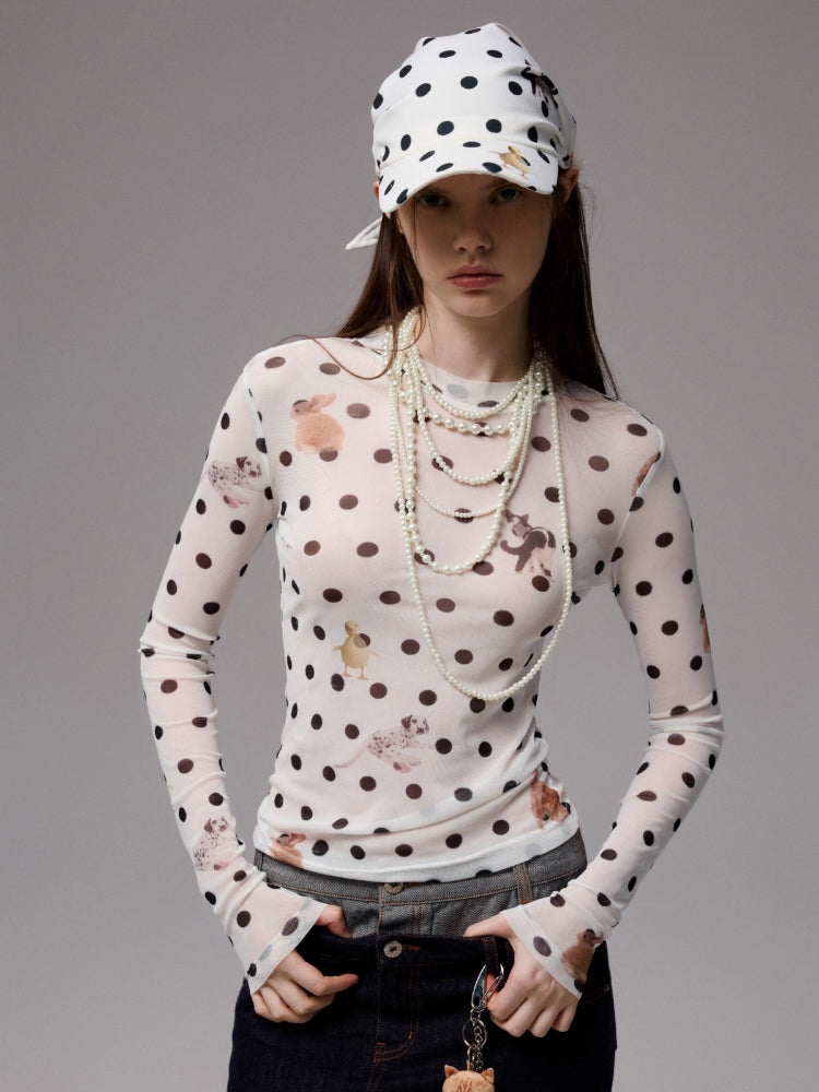 Polka Dot Pet Print Mock Neck T-Shirt