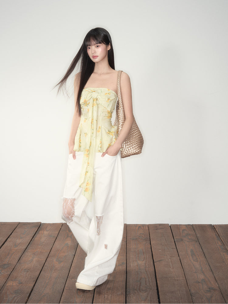 White Lace Splicing Denim Wide-Leg Pants - CHINASQUAD