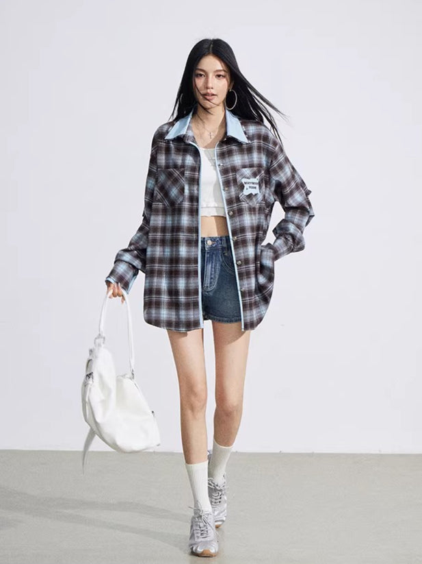 Vintage Contrast Embroidered Plaid Shirt