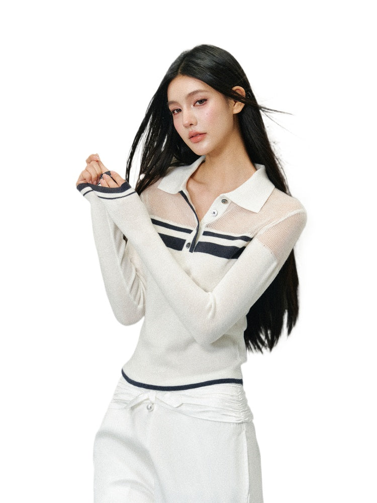 Off-Shoulder Colorblock Polo Long Sleeve Top - CHINASQUAD