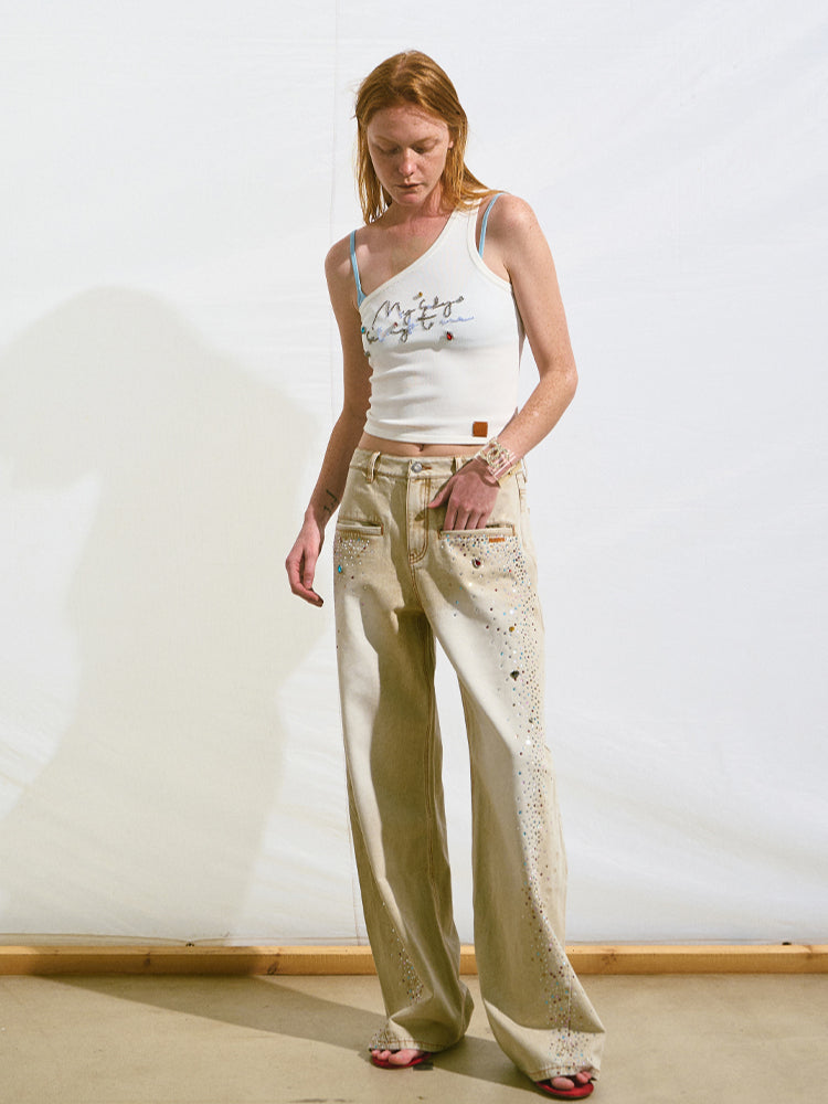 Off-Shoulder Handmade Color Rhinestone Knitted Cami - CHINASQUAD