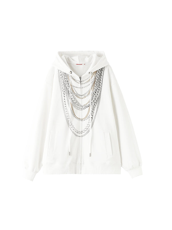 Black & White Oversized Chain Print Hoodie Cardigan - CHINASQUAD