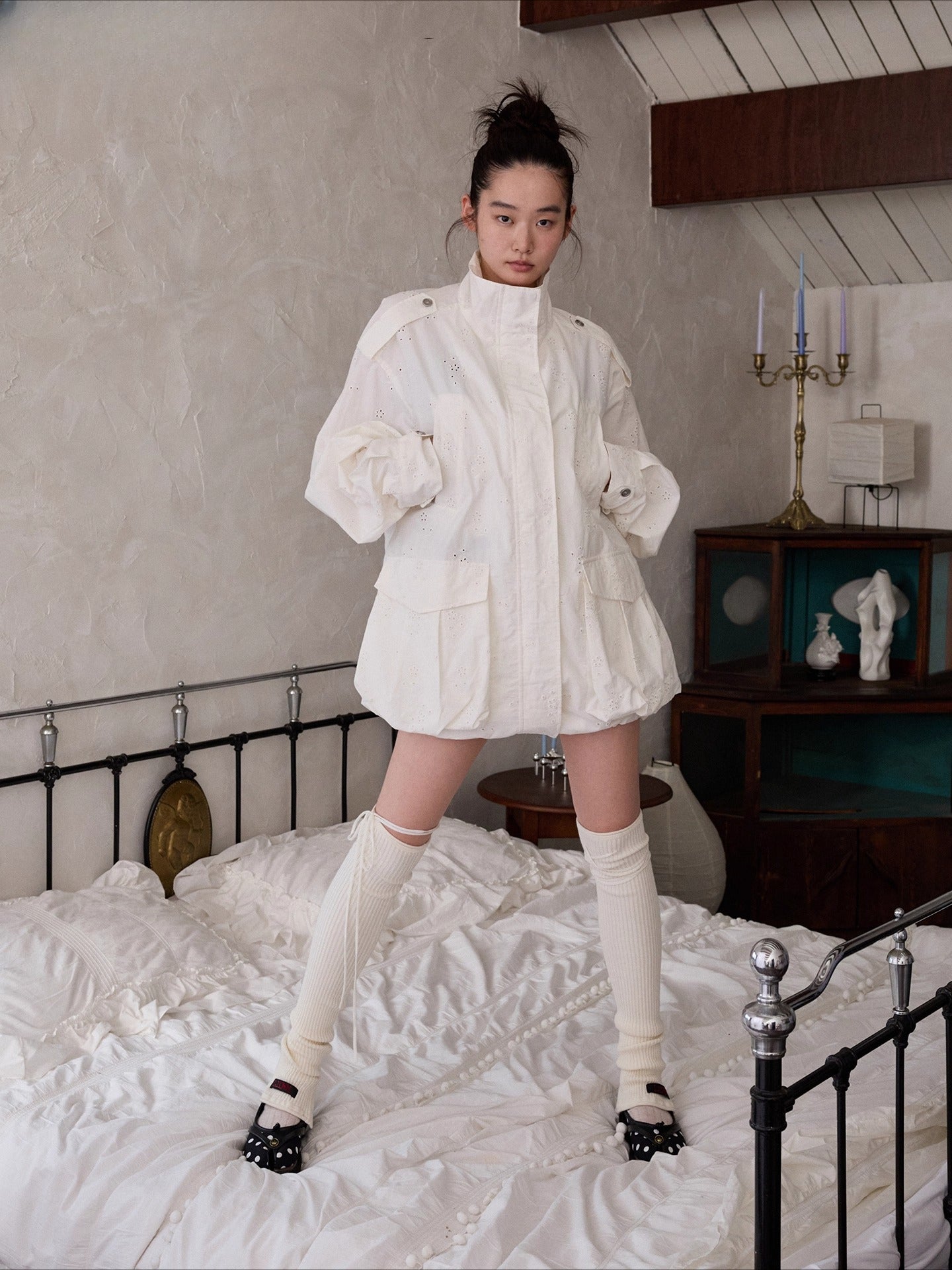 Embroidered Jacquard Multi-Pocket Stand-Collar Utility Jacket