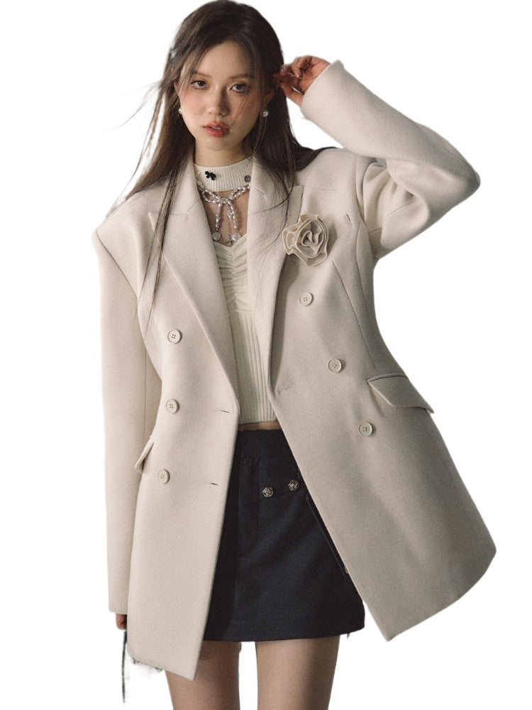 Black & Apricot Double-breasted Wool Blazer - CHINASQUAD