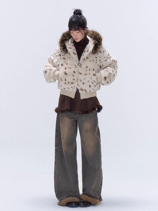 Faux Fur Hooded Zip-Up Cropped Jacket